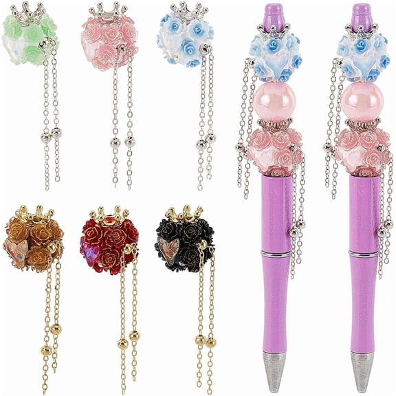 12Pcs Rhinestone Focal Beads with Resin 6 Colors Diamond Flower Pen Focals and Alloy Chains for Beaded Pens Jewelry Keychain Making diy