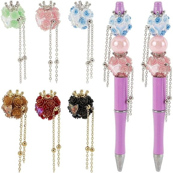 12Pcs Rhinestone Focal Beads with Resin 6 Colors Diamond Flower Pen Focals and Alloy Chains for Beaded Pens Jewelry Keychain Making