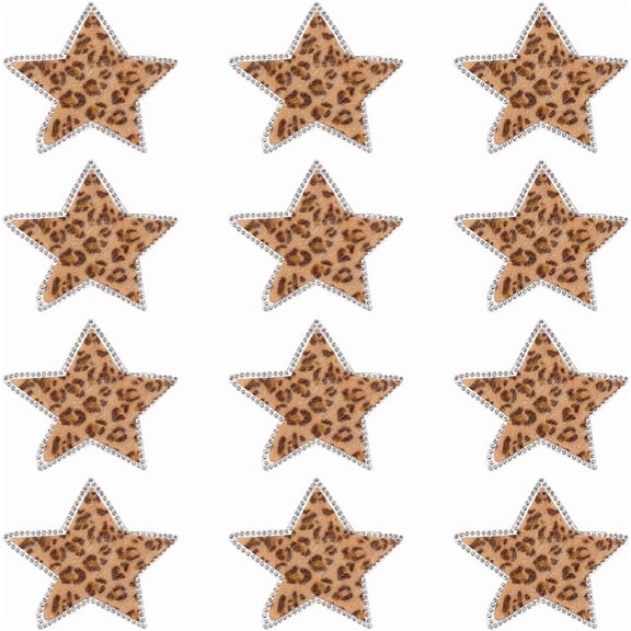 12Pcs Rhinestone Iron on Cloth Patches Costume Accessories Appliques Star with Leopard Print Sandy Brown 85x89x1.5mm Brown