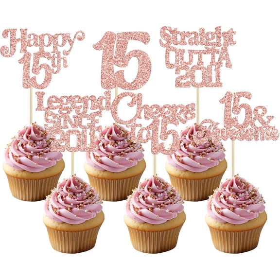 12Pcs Rose Gold Glitter 15th Birthday Cupcake Toppers, Legend Since 2011, Cheers to 15 Picks for 15th Birthday Party Cake Decorations