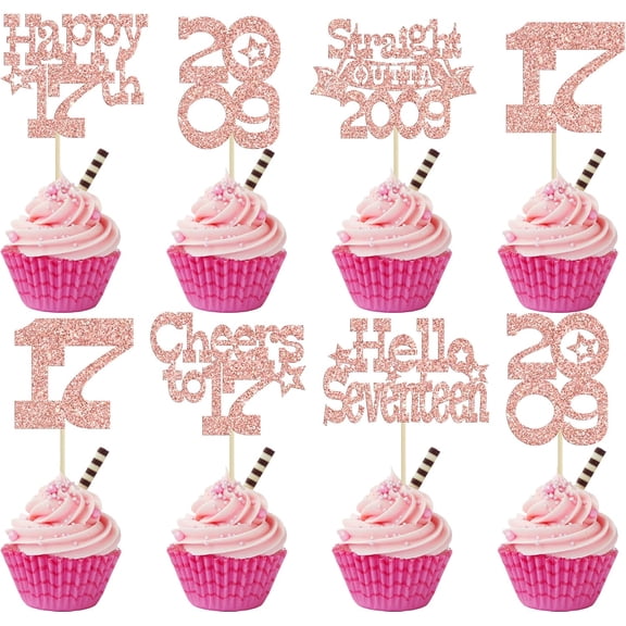 12Pcs Rose Gold Glitter 17th Birthday Cupcake Toppers, "Hello 2009, Cheers to 17" Picks for 17th Birthday Party Cake Decorations