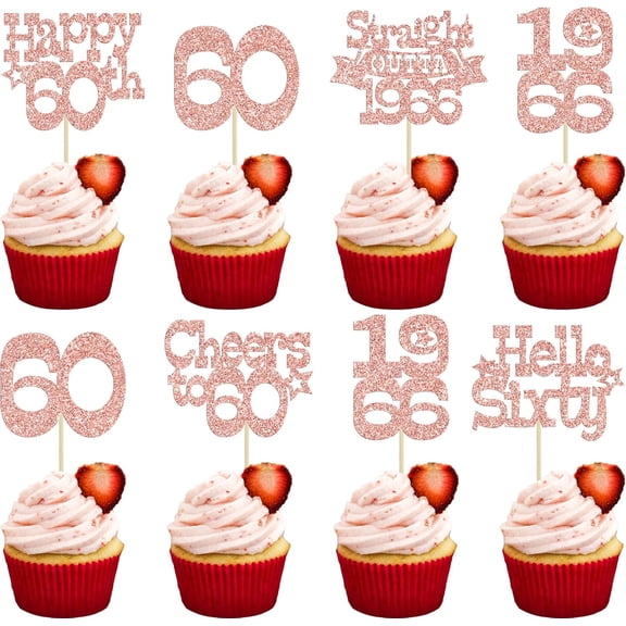 12Pcs Rose Gold Glitter 60th Birthday Cupcake Toppers, "Hello 1966, Cheers to 60" Picks for 60th Birthday Party Cake Decorations