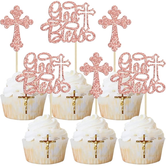 12Pcs Rose Gold Glitter God Bless Cross Cupcake Toppers, Religious Picks for Baptism & Christening Party Cake Decorations