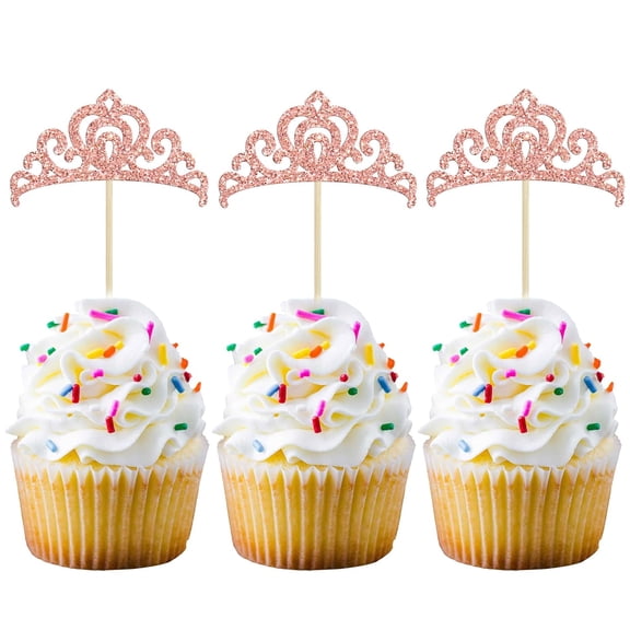 12Pcs Rose Gold Glitter Princess Crown Cupcake Toppers, Tiara Cake Picks for Girls Birthday, Baby Shower, Wedding Party Decorations