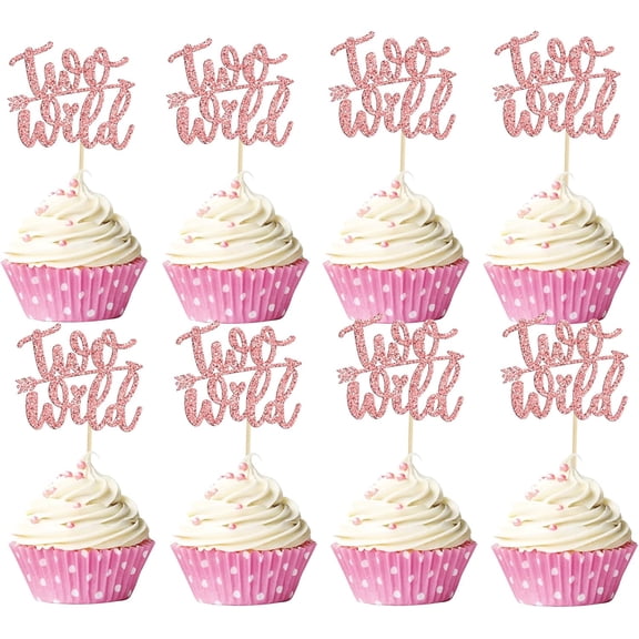 12Pcs Rose Gold Glitter Two Wild Cupcake Toppers, 2nd Birthday Themed Cake Picks for Wild Themed Party Decor