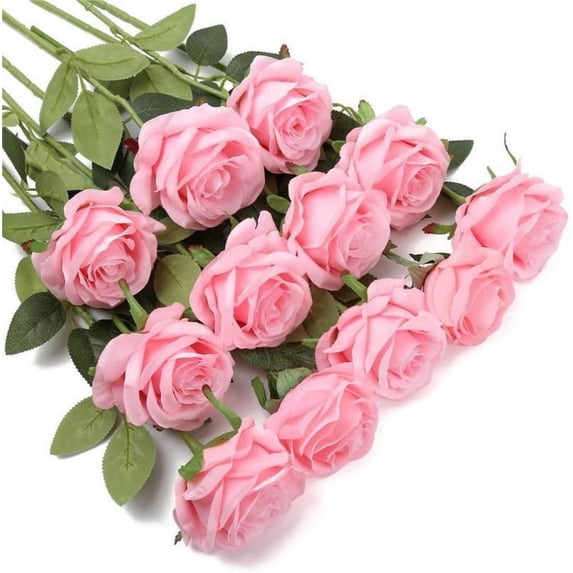 SkyAuks 12Pcs Roses Artificial Flowers Bulk Fake Silk Black Roses Bouquet with Long Stem, Faux Roses Flowers for Wedding Home Decorations Floral Arrangement Party Table Centerpieces(Pink)
