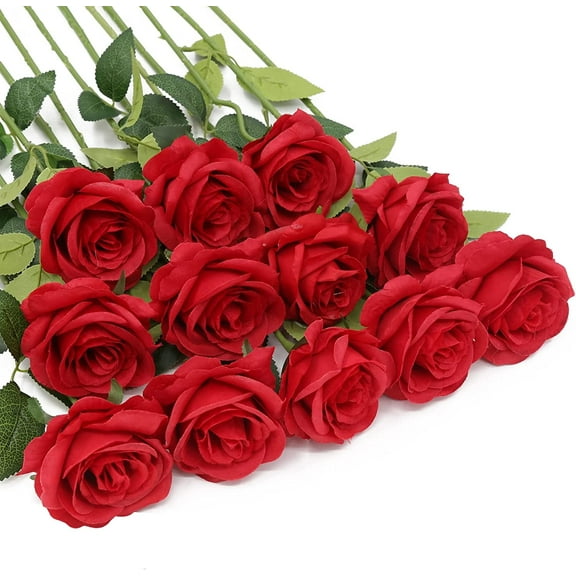 12Pcs Roses Artificial Flowers Bulk Fake Silk Black Roses Bouquet with Long Stem, Faux Roses Flowers for Wedding Home Decorations Floral Arrangement Party Table Centerpieces(Red)