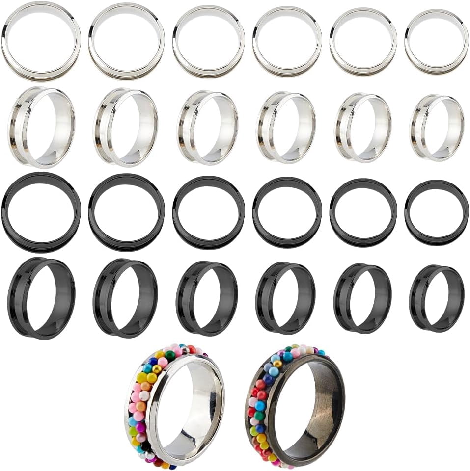12Pcs Round Blank Ring 2 Colors 17-22mm Stainless Steel Grooved Finger ...