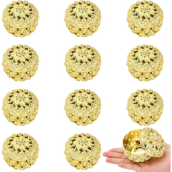 12Pcs Round Candy Boxes Plastic Wedding Favor Boxes Gold Hollow Pattern Storage Boxes Flower Gift Boxes for Wedding Shower Christmas Birthday Party Decor Container 5.5x7cm 12pcs