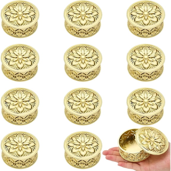 12Pcs Round Candy Boxes Wedding Favor Boxes Gold Hollow Pattern Storage Boxes Flower Gift Boxes for Wedding Shower Christmas Birthday Party Decor Container 7.3x3.2cm Golden