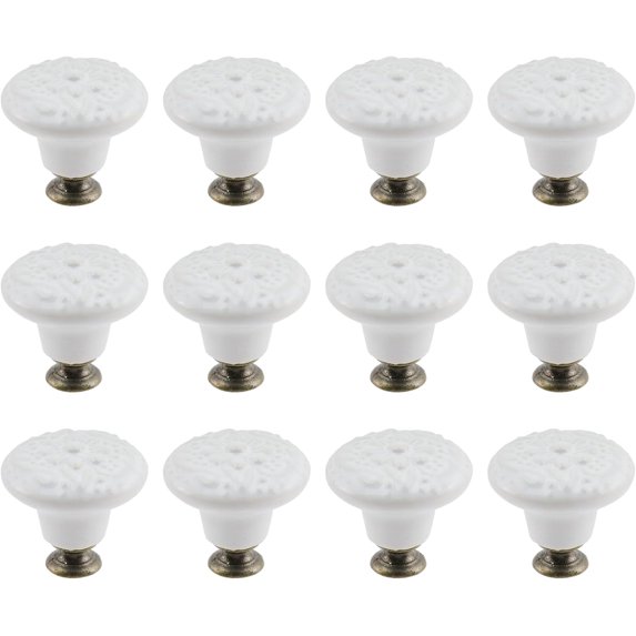 12Pcs Round Ceramic Drawer Knobs Cabinet Furniture Handle Vintage Flower Pattern Knobs, with Mounting Screws,White