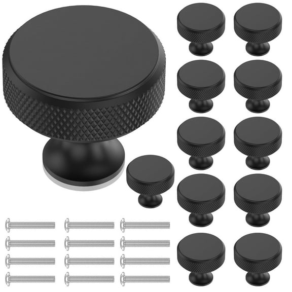 12Pcs Round Cabinet Knob Aluminum Alloy Single Hole Knurled Drawer Handle Pull with Screws for Cabinet Cupboard Wardrobe Drawer