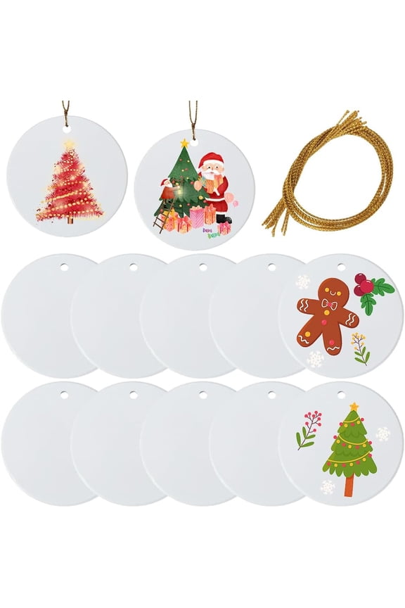 12Pcs Round Sublimation Ornaments Blanks Hanging Sublimation Blanks with Jute Cords Porcelain White Ceramic Heat Transfer Personalized Pendants Tags for Christmas Tree Wedding DIY Craft Decor