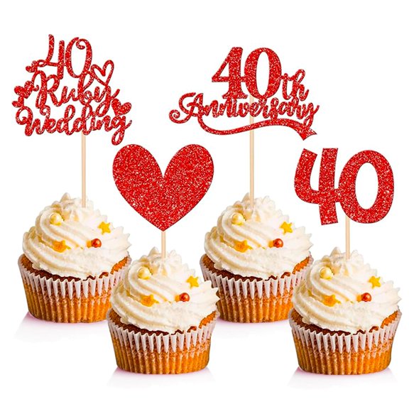 12Pcs Ruby Wedding Anniversary Decorations, 40th Anniversary Cake Topper