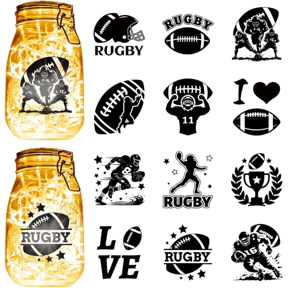 12Pcs Rugby Silhouettes Mason Jar Decor Laser Cut Cardboard Scrapbook Cutouts Die Cuts PVC Sports Gifts for Crafting Lantern Jars Wall Painting Glass Phones-No Sticker 4x3.5Inch Colorful DIY