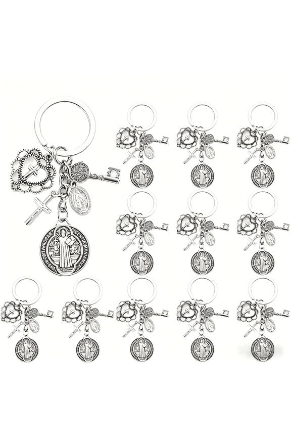 12Pcs Saint Benedict and Mary Cross Keychains, Religious Charm Keychain for Men Women, Stainless Steel Prayer Protection Accessory for Bag Key Decoration Christian Gift for Baptism Confirmation