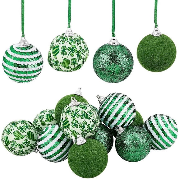 12Pcs Saint Patrick Ornament Ball 1.97 Inch Shamrock Ball Ornament Green Hanging Balls Irish Ball Ornament Clover Hanging Decoration for DIY handcrafting