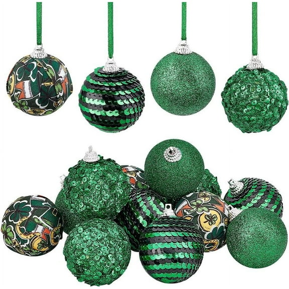 12Pcs Saint Patrick Ornament Ball 1.97 Inch Shamrock Ball Ornament Green Hanging Balls Irish Ball Ornament Clover Hanging Decoration for Saint Patrick Party Home Decor-Green and Black 1set