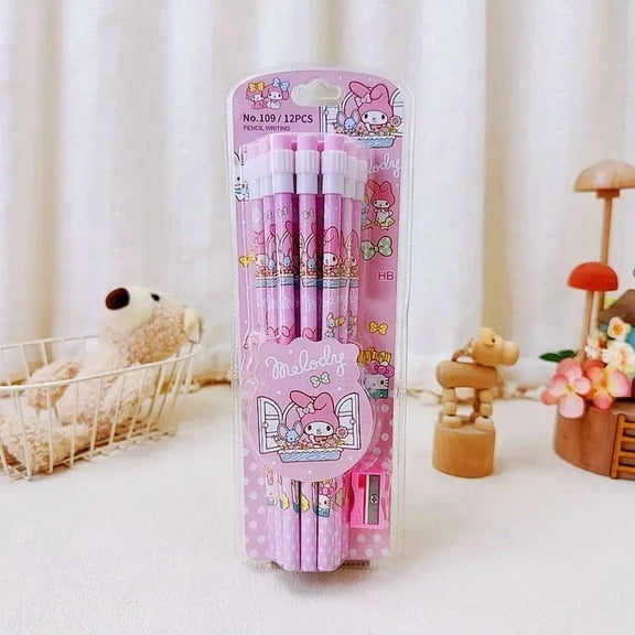 12Pcs Sanrio My Melody Wood Pencil HB with Rubber and Pencil Sharpener Cartoon Student Pencils Student Stationery