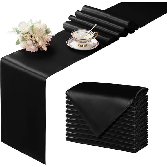 12Pcs Satin Black Table Runner - 12 x 108 Inch Long Size, Party Table Runner Decor Bright & Smooth Wedding Decorations Table Runners for Banquet Chef Birthday Buffet Dinner Graduations