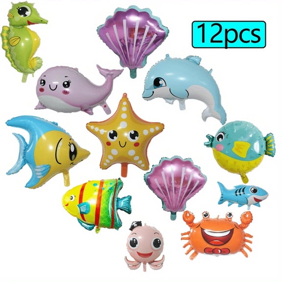 12Pcs Sea Animal Balloons ,Cute Ocean Animal Foil Balloons Under the Sea Decoration for Girls Boys Ocean Themed Birthday Party Supplies