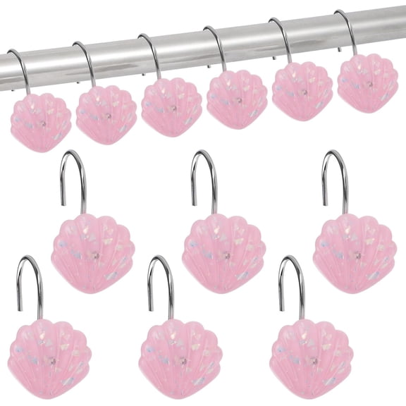 12Pcs Seashell Shower Curtain Hooks Decorative Seaside Bling Shower Rings for Curtain and Shower Rod Smooth Sliding S Shaped Hooks Hangers Bathroom Accessories (Pink)