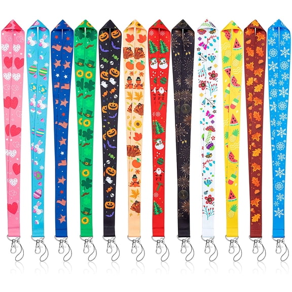 12Pcs Seasonal Holiday Lanyards for ID Badges, Teacher Lanyard with Swivel Hook, Neck Keys Keychain Holders for Women Office Gifts St. Patrick's Day Easter Summer