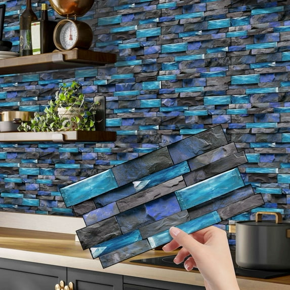 12Pcs Self Adhesive Backsplash Tiles Stickers Wall Decals 4.72 x 9.68inch Blue Purple and Gray Stone Brick DIY Decor Peel and Stick Tile