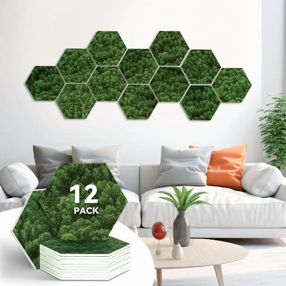 DOLLAR BOSS 12Pcs Self Adhesive Felt Board Tiles Wall Decor Hexagon Bulletin Board for Walls, Green Forest Pattern Print Felt Cork Pin Board for Pictures Photos Memos with Push Pins