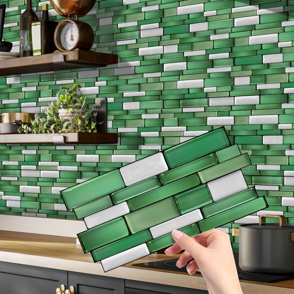 12Pcs Self Adhesive Green Gray White Tiles Wall Stickers Decals 4.72 x 9.68inch DIY Decor Mosaic Brick Sticker Peel and Stick Backsplash Kitchen