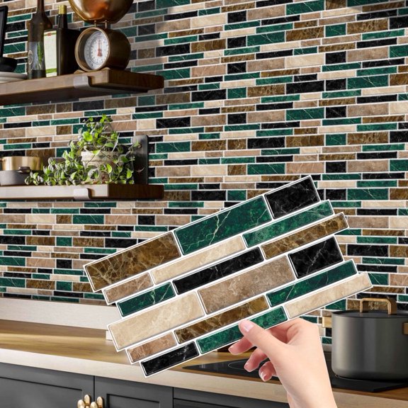 12Pcs Self Adhesive Marbling DIY Tile Stickers 9.68 x 4.72inch Mosaic Brick Wall Decals Vinyl Waterproof Peel and Stick Backsplash Decor