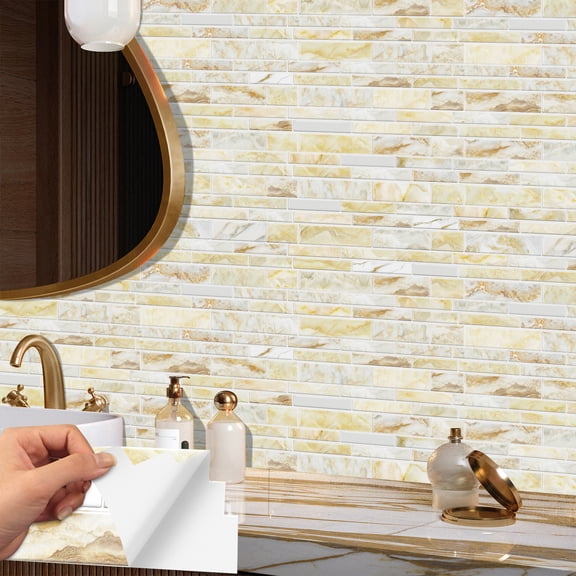 12Pcs Self Adhesive Marbling Wallpaper Wall Stickers 9.68"x2.36" Vinyl Peel and Stick Tiles Kitchen Backsplash