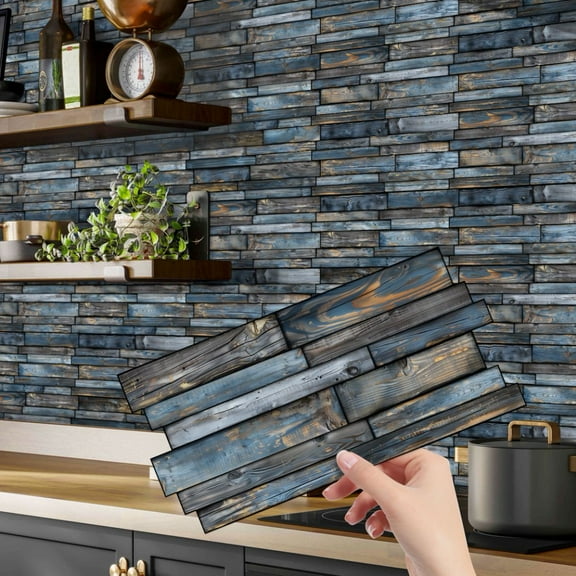 12Pcs Self Adhesive Tiles Stickers Wall Decals 4.72 x 9.68inch Blue and Gray Brown Wood Grain Pattern DIY Decor Peel and Stick Kitchen Backsplash