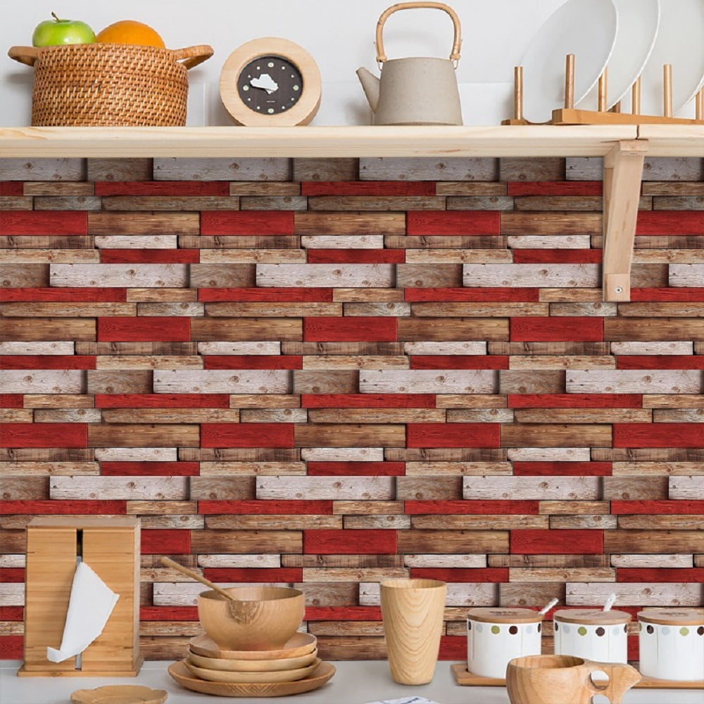 12Pcs Self-Adhesive Wallpaper Retro Red Shaped Wood-Grain