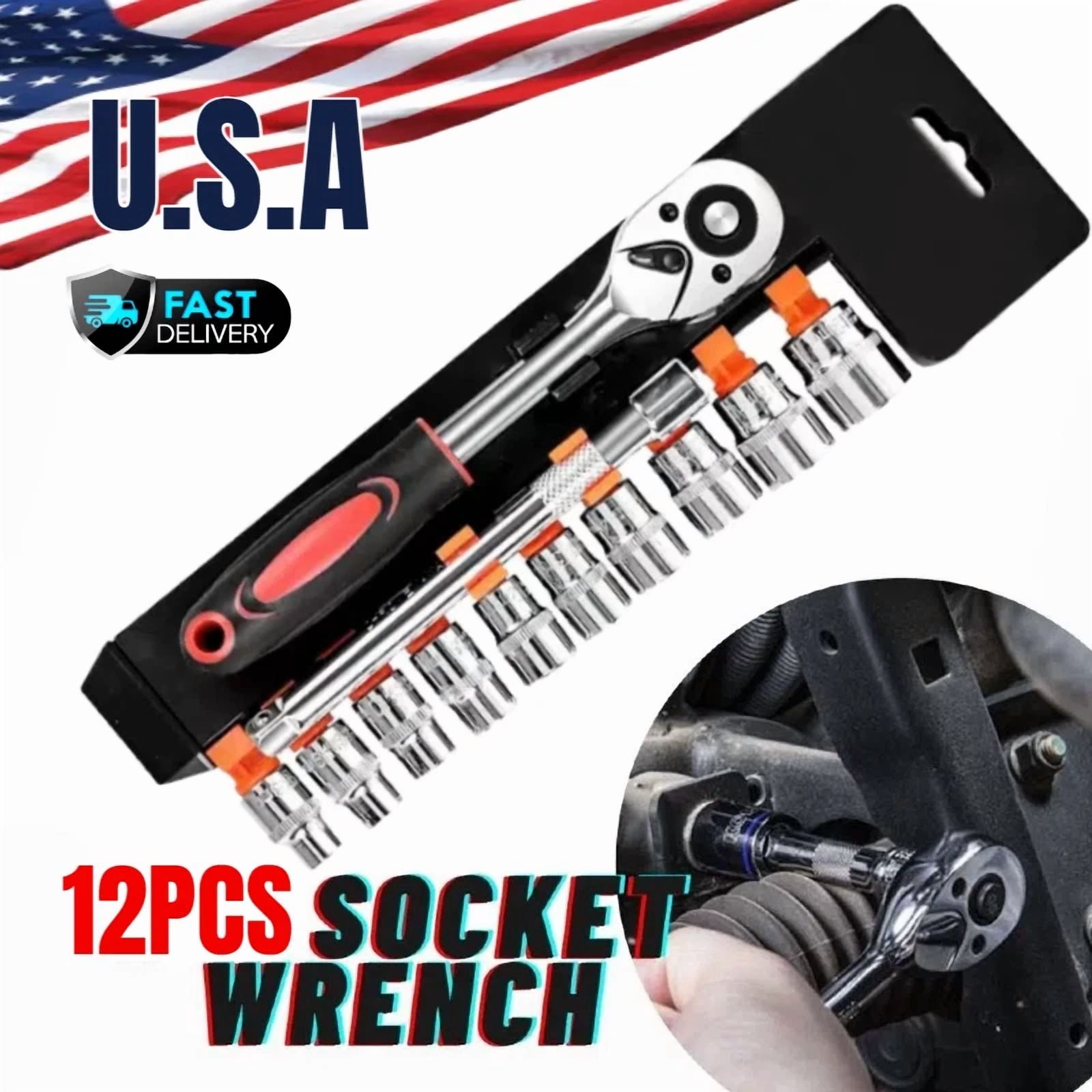 12Pcs/Set 1/4 Inch Ratchet Socket Wrench Set Metric Socket Set Repair Tool Us