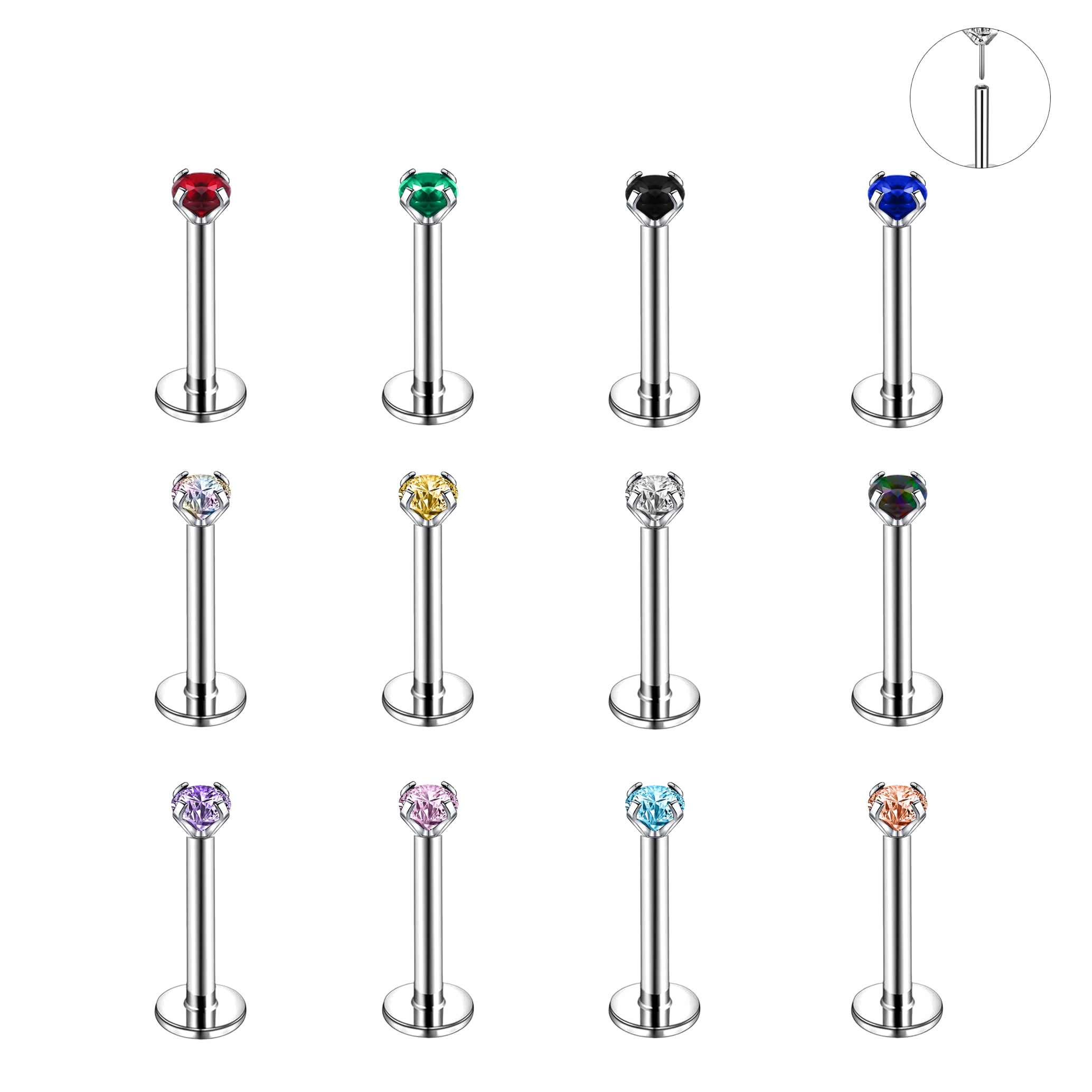 Bijoux Piercing Labret 1.2mm - Boule CZ Cristal (blanc, Noir, Arc-en-ciel...)