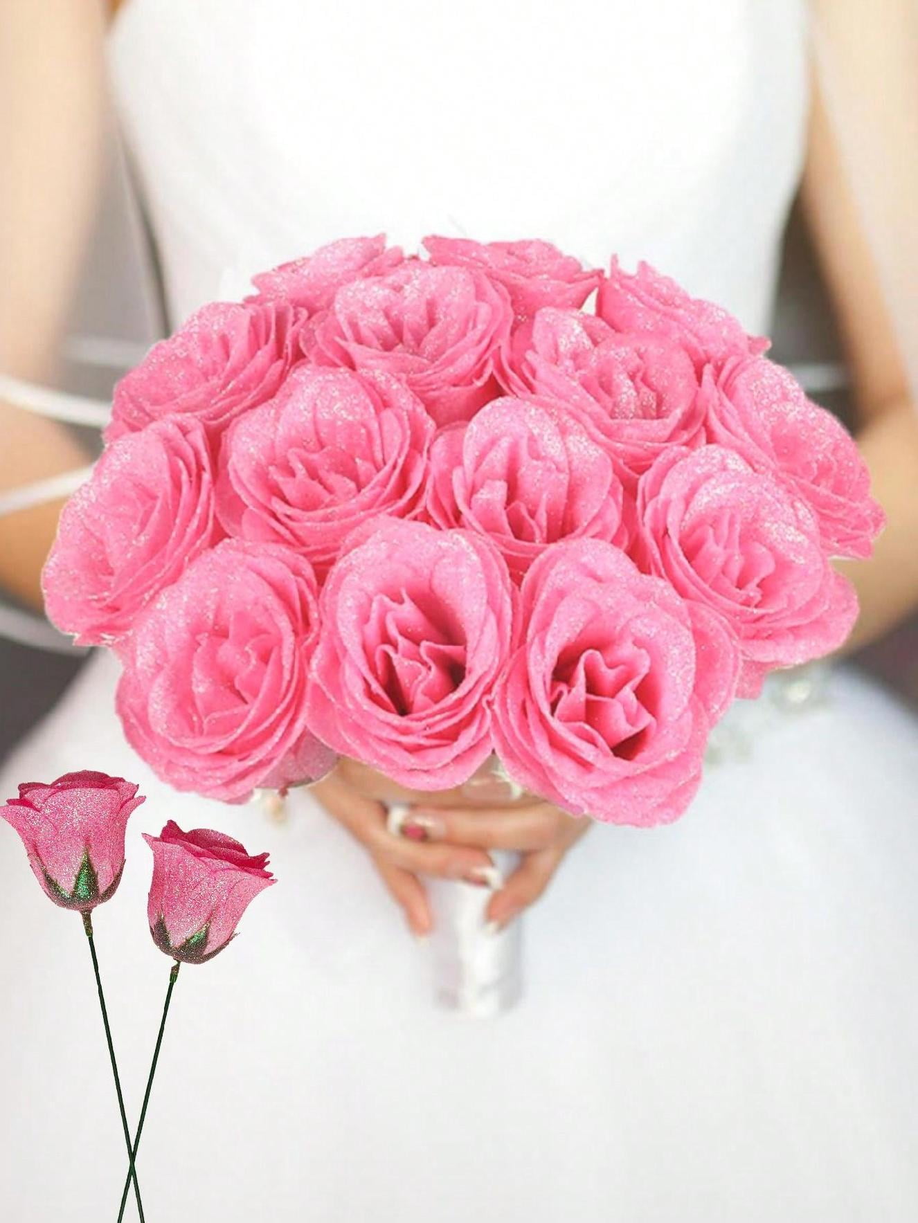 12Pcs/Set Glitter Roses Bouquet DIY Fake Glitter Flowers Pink Plastic ...