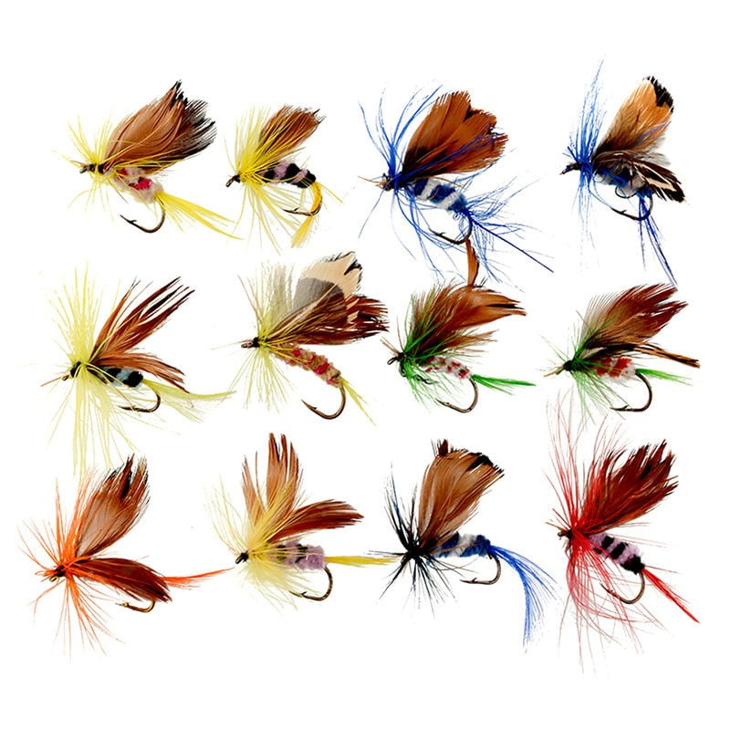 MI-YUKI 12pcs Fly Fishing Lure Set Style Insect Artificial Bait Feather  Single Hook 