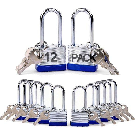 12Pcs Set Keyed-Alike Laminated Steel Padlocks with Same-Key, 2-3/8" Extra Long-Shackle, 1-9/16" 40MM Heavy-Duty Padlock Body, Locks with 28Pcs Key with Big Handle for Lockers-Lock, Fence