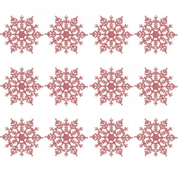 12Pcs/Set Pink Snowflake Ornaments Plastic Glitter Snow Flakes Ornaments for Winter Christmas Tree Decorations Craft Snowflakes