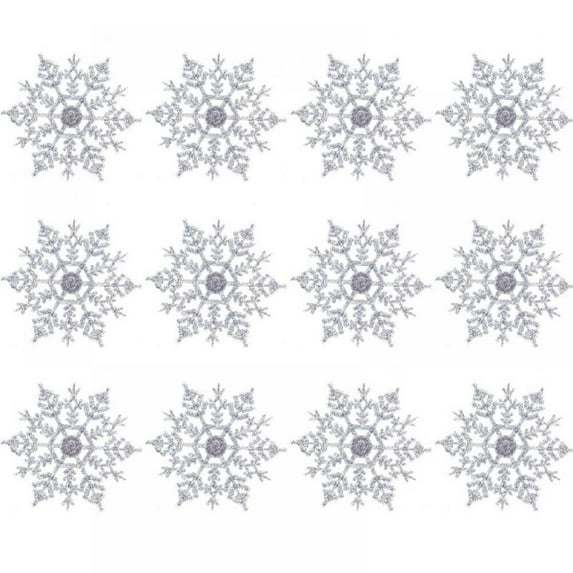 12Pcs/Set White Snowflake Ornaments Plastic Glitter Snow Flakes Ornaments for Winter Christmas Tree Decorations Craft Snowflakes