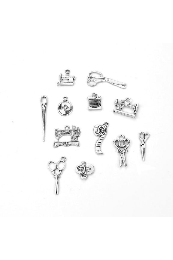 12Pcs Sewing Charms Collection Antique Silver Scissors Pendant Jewelry Findings