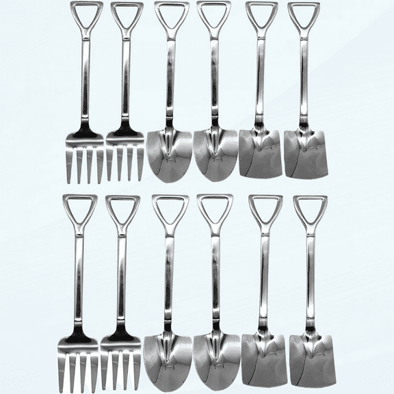 12Pcs Shovel Spoons and Fork Set 18/10(304) Stainless Steel Spade Shape Silverware Set 6.1inch Mini Spoon for Dessert Coffee Yogurt Cake Fruit Ice Cream