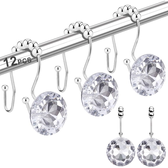 12Pcs Shower Curtain Hooks Rings For Bathroom, Double Hooks Glide Anti Rust Crystal Rhinestones Hooks Rods Curtains And Liner (Crystal Pink) - Crystal White