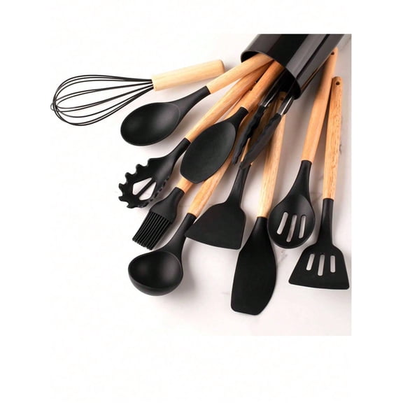 12Pcs Silicone Kitchen Cookware Utensil Set, Wooden Handle Non-Stick Safe Cooking Gadgets, Complete Silicone Cutlery Tools with Storage Bucket for Household Kitchen