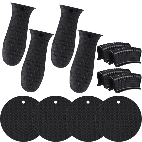 12Pcs Silicone Pot Holders Set Cast Iron Handle Cover Heat Resistant Pot Handle Covers Potholder Heat Insulation Pad Non Slip Reusable Pan Sleeve for Frying Pan Kitchen Supplies(Black)
