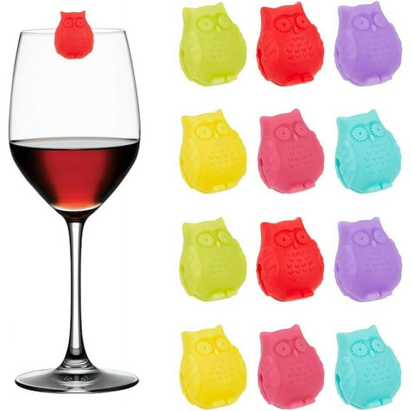 12Pcs Silicone Wine Glass Markers Tags Owl Glass Markers Drink Markers for Drinks Silicone Glass Markers Coloured Wine Glass Markers for Champagne Party Celebration
