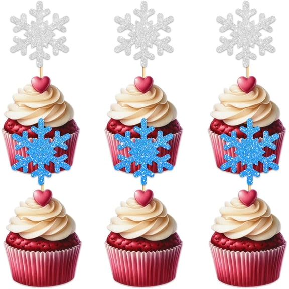 12Pcs Silver Blue Glitter Snowflake Cupcake Toppers, Winter Frozen Cupcake Picks for Christmas New Year Holiday Birthday Party Cake Decorations