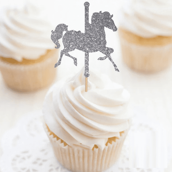 12Pcs Silver Glitter Carousel Horse Cupcake Toppers Merry Go Round Horse Cake Picks Girls Baby Shower Carnival 1st Birthday Fair Theme Party Dessert Decorations