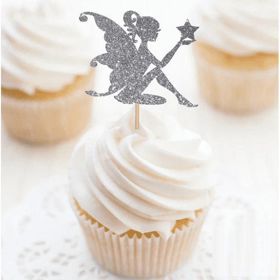 12Pcs Silver Glitter Fairy Cupcake Toppers Winged Fairy Silhouette Holding Star Cake Picks Princess Girls Birthday Fairy Tale Baby Shower Magical Forest Party Dessert Decorations